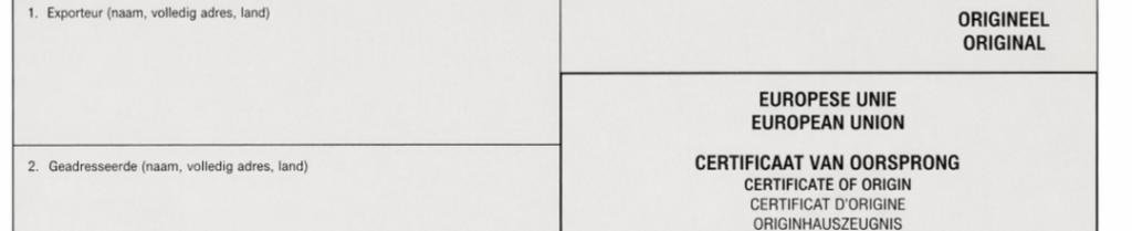 Certificaat van Oorsprong (CvO) document voor export, gebruikt bij internationale handel voor het aantonen van oorsprong van goederen en douaneafhandeling bij import en export. Certificate of Origin (CoO) document for export, used in international trade to verify origin of goods and for customs clearance during import and export procedures. شهادة منشأ للبضائع (CvO) تُستخدم في التصدير والتجارة الدولية لإثبات بلد المنشأ ولأغراض التخليص الجمركي عند الاستيراد والتصدير.